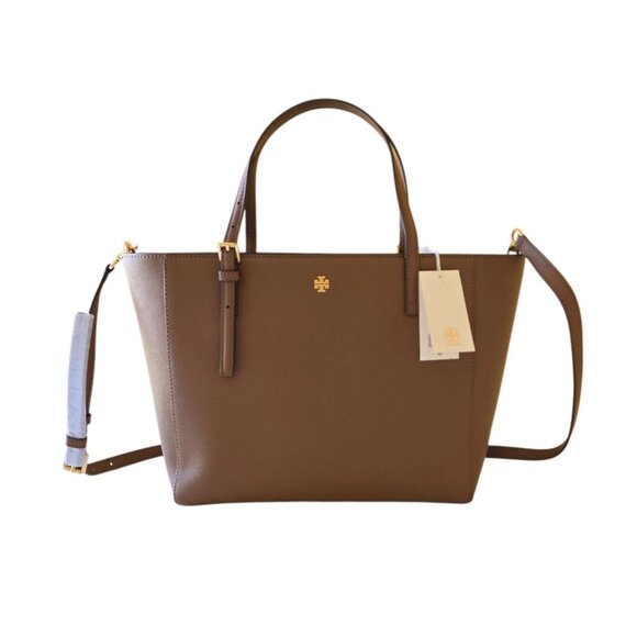 Tory Burch Handbags - Tory Burch Emerson Top Zip Tote Moose Brown Saffiano Leather Crossbody Bag